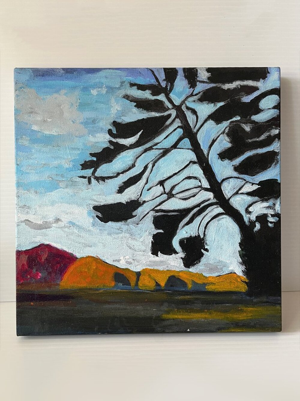 Original Landscape Oil Painting Tree Silhouette Mountains Modern Abstract Art